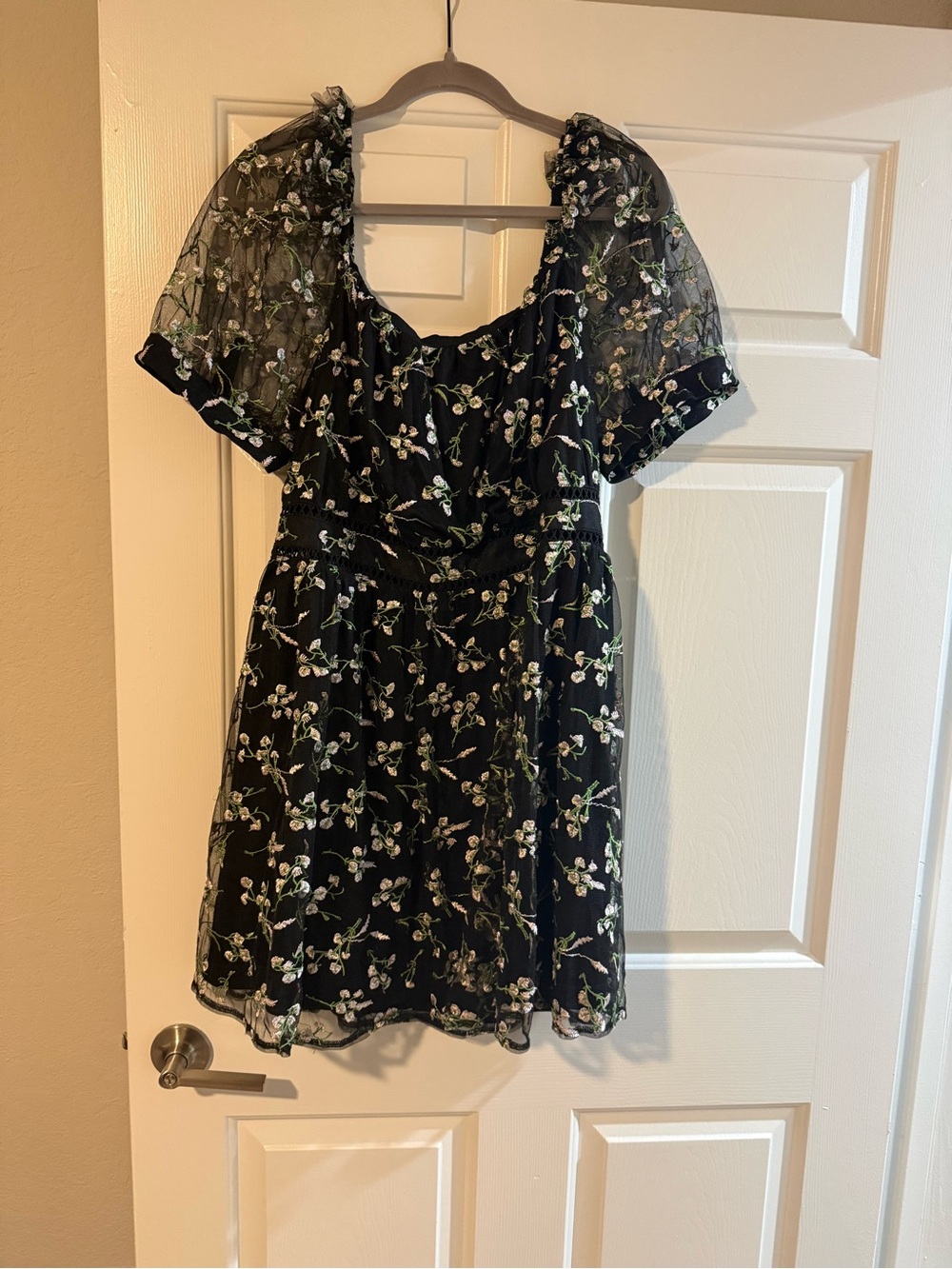 Lulu's Black Floral Mini Dress with Puff Sheer Sleeves